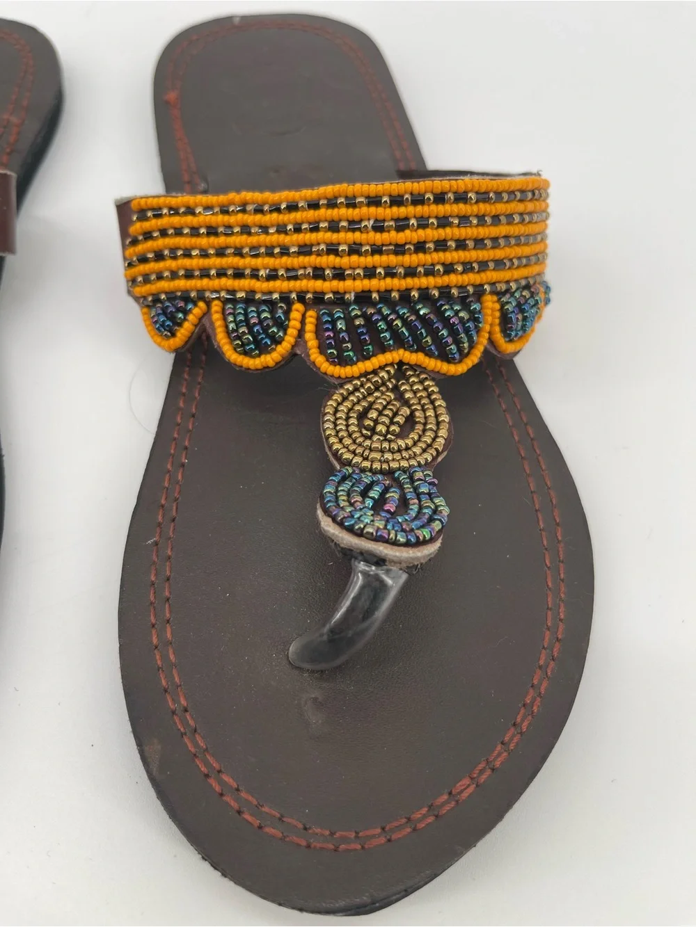 African Handmade Leather Brown with Colorful Beaded Toe-Post Sandals